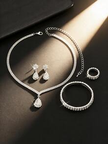 4件套优雅新娘伴娘首饰套装 | 水滴形水钻项链和耳环 | 婚礼伴娘配饰 - 白色 - 查看 3
