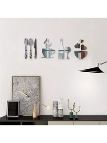 14pcs/Set Modern 3D Acrylic Mirror Wall Stickers: Forks, Spoons, Bowls, Tea Cups, Bottles, Wine Glasses - DIY Detachable Mural Stickers Suitable For Kitchen, Living Room, And Dining Room Decoration - 14-piece Dining Table Set - View 1