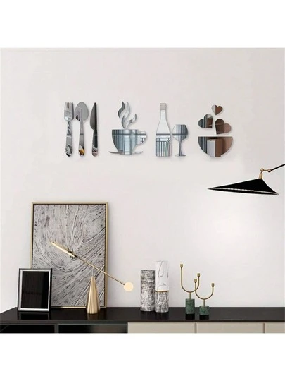 14pcs/Set Modern 3D Acrylic Mirror Wall Stickers: Forks, Spoons, Bowls, Tea Cups, Bottles, Wine Glasses - DIY Detachable Mural Stickers Suitable For Kitchen, Living Room, And Dining Room Decoration