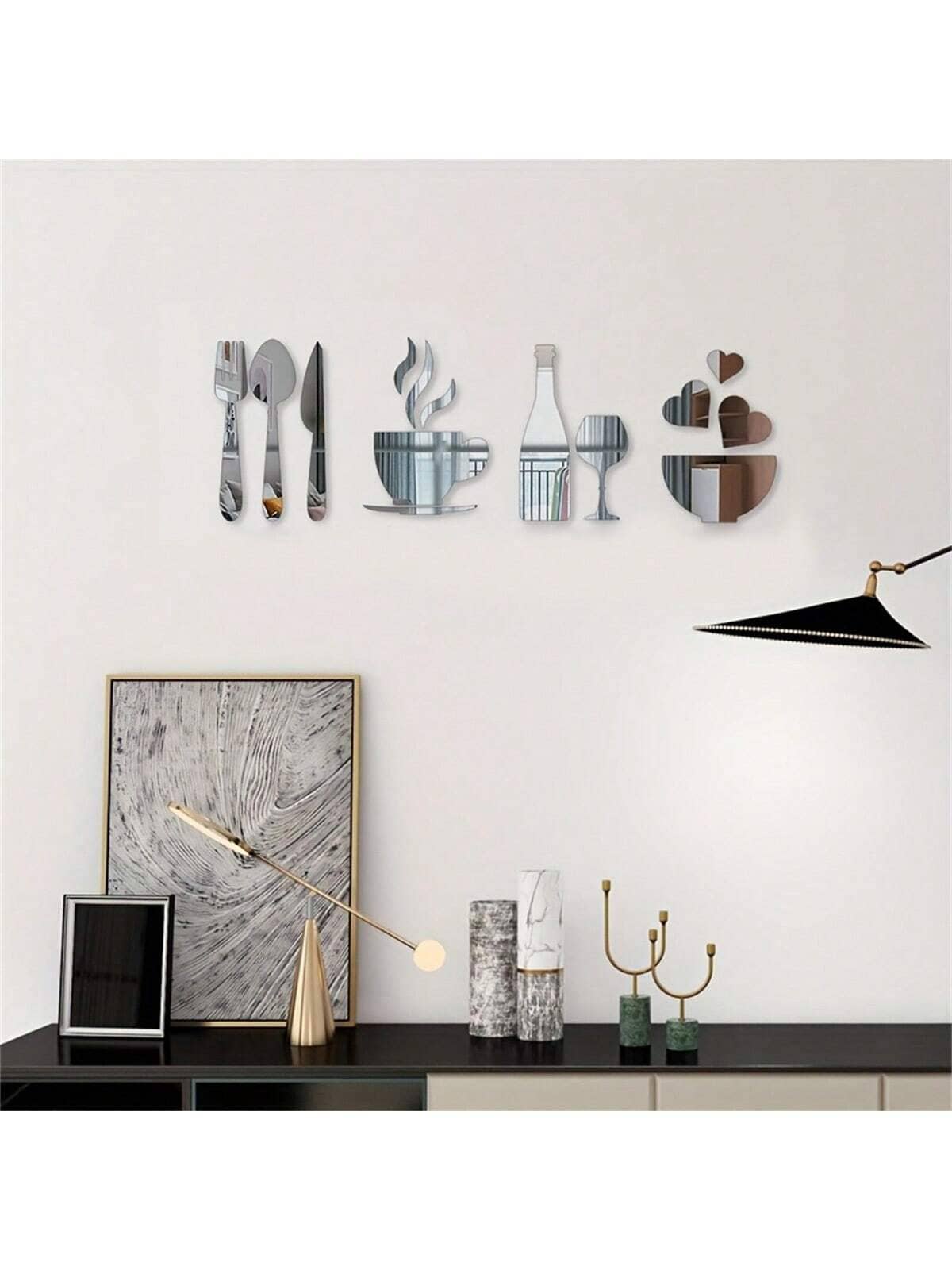 14pcs/Set Modern 3D Acrylic Mirror Wall Stickers: Forks, Spoons, Bowls, Tea Cups, Bottles, Wine Glasses - DIY Detachable Mural Stickers Suitable For Kitchen, Living Room, And Dining Room Decoration - 14-piece Dining Table Set - View 1
