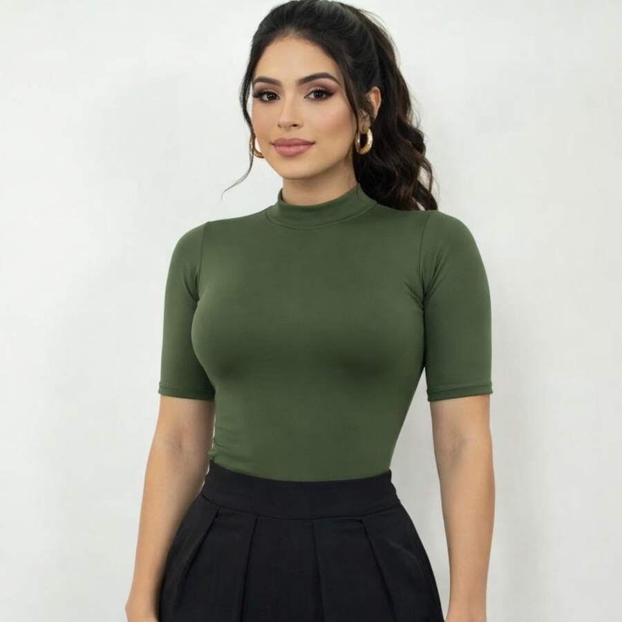 Women's Basic Blouse In Premium Supplex Fabric, High Neck With Sleeves, Casual Elegant Baby Tee For Work - xanh quân đội - Xem 1