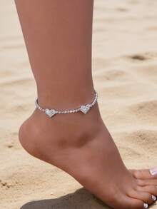 1件双心形水钻脚链，闪亮脚饰，适合海滩、度假和日常佩戴 - 銀色 - 查看 1