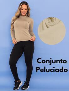 Women's Winter Thermal Sports Set, Base Layer Top, Fleece Leggings, Fleece-Lined Fitness Pants, Tarelles - 卡其色 - 查看 6