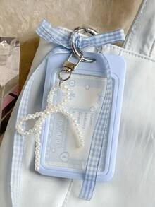 Blue Card Holder Sliding Plaid Ribbon Faux Pearl Pendant,With Detachable And Wiping Sliding Cover, Keychain,Meal Card Id Card Id Card And Bus Card Protective Cover, Office School Certificate Protective Cover, And Detachable Hanging Rope/Pendant - Heavy-Duty Transparent Card Holder - Multicolor - View 4