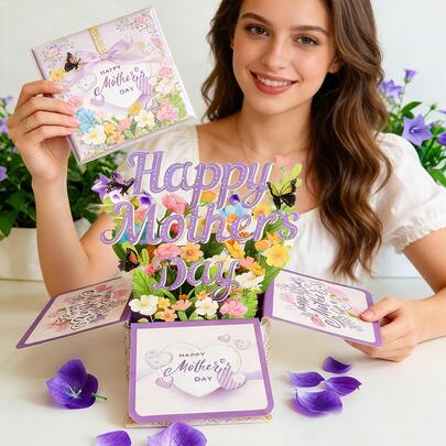 1pc Elegant Purple Mother's Day Card | 3D Carved Boxed Card With Envelope, Floral Theme, Paper Material, English Version, Anniversary Card, Mother's Day Gift For Women, Mother And Wife