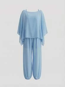 Women's Elegant Vacation One Shoulder Loose Chiffon Shawl Top, Paired With Camisole And Pleated Harem Pants Set, Suitable For Vacation, Beach, Date, Daily Wear, Spring/Summer - Sky Blue - View 2