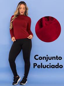 Women's Winter Thermal Sports Set, Base Layer Top, Fleece Leggings, Fleece-Lined Fitness Pants, Tarelles - 紅色 - 查看 8