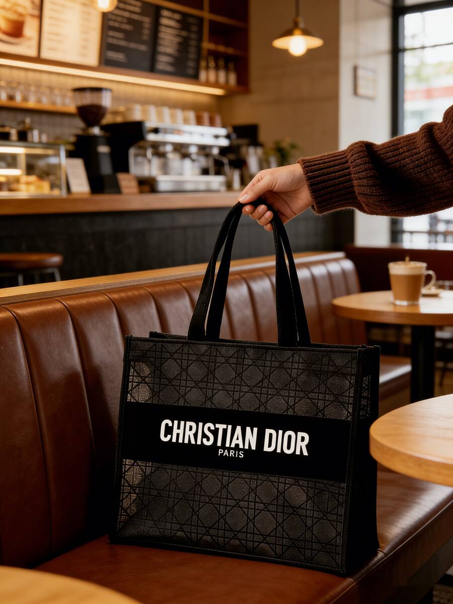 Dior 蕾丝网眼手提包，经典黑色绗缝设计，化妆包，透明网眼外观 - 黑色 - 查看 1