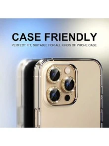 Película de lente de cámara de teléfono móvil de aleación compatible con Apple 17/17 Pro/17 Pro Max/16 Pro/Apple 16 Pro Max, protector de lente de cámara, accesorio de teléfono móvil, protector de pantalla de vidrio templado 9H con anillo de metal independiente decoraciones de diamantes brillantes, 3 paquetes con lentejuelas de titanio del desierto, regalo de primavera - Dorado - Ver 2