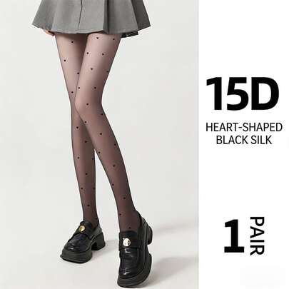 15D Sheer Heart Pattern Pantyhose For Women, Ultra-Thin Lace Tights, Sexy Black/White Sheer Stockings For Daily & Party Wear