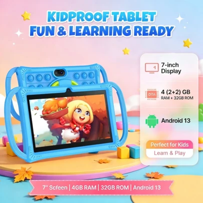 PRITOM Android 13 7-Inch Kids Tablet. Quad-Core CPU, 4GB(2+2GB Expansion) RAM, 32GB ROM (Expandable To 1TB). 1024*600 HD Screen Delivers Clear Visuals. WiFi, BT, Dual Cameras, Parental Controls, And An Included Durable Case, It's Interactive, And Worry-Free Gift!