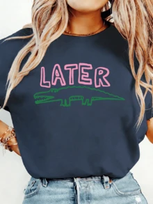 Women Later Gator Funny Crocodile Lightweight Tee, White Pink Breathable All Season Round Neck Top, Machine Washable Daily Playful Fashion Shirt - 藏青色 - 查看 1