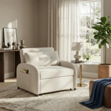 por Christopher Knight Home ®   (SKU antiguo: N765P23314749W) Sofá Cama Convertible 3 en 1 con Almohada y Bolsillo, Sillón Cama de Dos Plazas en Lino de Algodón Suave, para Sala de Estar, Dormitorio, Estudio, Apartamento, Beige RR - Beige + Lino de algodón + Espuma - Ver 5