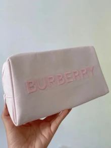 Burberry Pink Canvas Cosmetic Bag With Zipper, Featuring Embroidered Letter And Leather Pull Tab, Spacious Interior With Inner Pockets - Light Pink - View 3