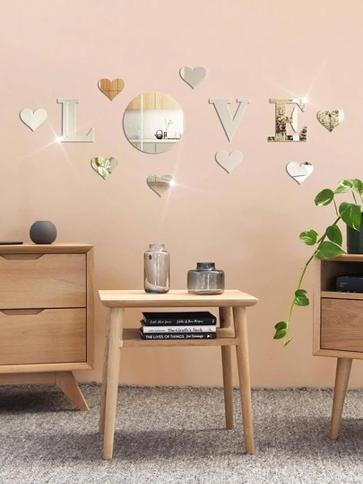 12 piezas/set, 1mm de grosor, estilo moderno, pegatinas decorativas de espejo con forma de AMOR y ocho corazones, pegatinas de espejo acrílico autoadhesivas y desmontables, pegatinas de pared, decoración del hogar, accesorios para dormitorio, decoración de habitación;