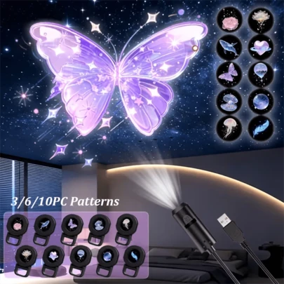Bộ 3/6/10 đèn LED chiếu hình, đèn LED chiếu hình USB, đèn ngủ LED chiếu hình xoay 360°, đèn LED chiếu hình hoa hồng, cá voi, bướm, mây, trái tim, hành tinh, lông vũ, nguồn USB, thích hợp trang trí phòng ngủ, đầu giường, trần nhà.