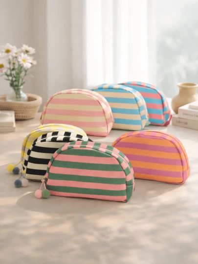 Colorful Striped Cosmetic Bag Portable Makeup Organizer Pouch Large Capacity Travel Toiletry Storage Bag For Women Daily Use Vacation Gym Business Trip