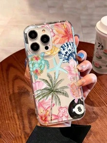 1pc Summer Coconut Tree & Hibiscus Print Transparent Air Cushion High Transparency TPU Material Phone Case, Suitable As Holiday Gift Compatible With Apple XS/XS Max/XR/11 12 13 14 15 16 Pro/Pro Max/14 15 16 Plus/17 And S25, 24, 23, 22, A73, A55 Etc. - Multicolor - View 2