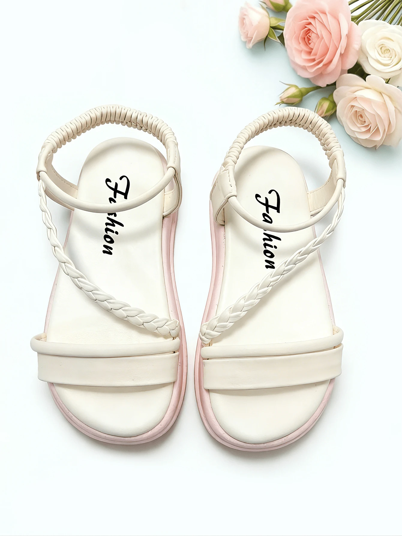 1双儿童米白色凉鞋，编织带凉鞋，手工编织鞋面，弹性后跟，防滑厚底，儿童时尚凉鞋，适合宴会、聚会、派对、婚礼、度假等场合。 - 白色 - 查看 1