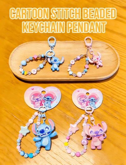 Disney Lilo & Stitch Beaded Keychain with Charm - Cute Kawaii Angel and Stitch Soft Plush Key Ring Pendant for Bag & Phone, Durable Acrylic Beads & Fabric, Perfect Gift for Women, Men, Teens, Fans, and Anime Lovers, Christmas Fabric, Perfect Gift for Women, Men, Teens, Fans, and Anime Lovers, Christmas Stocking Stuffervers, Christmas Stocking Stuffer