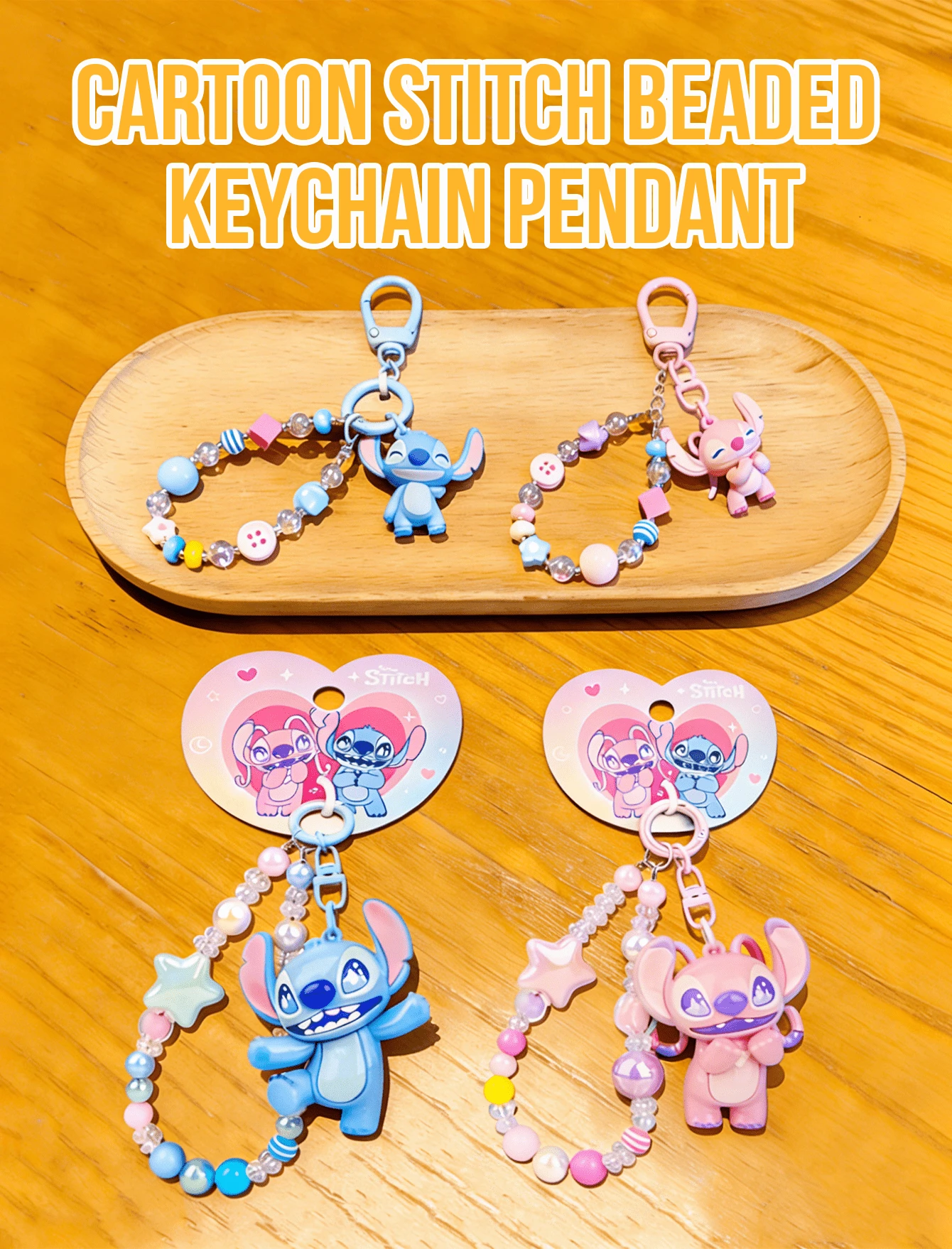Disney Lilo & Stitch Beaded Keychain With Charm - Cute Kawaii Angel And Stitch Soft Plush Key Ring Pendant For Bag & Phone, Durable Acrylic Beads & Fabric, Perfect Gift For Women, Men, Teens, Fans, And Anime Lovers, Christmas Stocking Stuffer