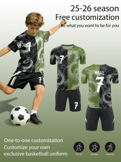 2pcs Set Allover Print Dragon Pattern Football Uniform For Boys, Customizable Name & Number/Club Bestseller Jersey, #7 Print Sports Player Same Style Short Sleeve Shorts Set, Suitable For Boys Girls Sports Wear, Cycling, Outdoor Running, Soccer, Celebrity Same Style Uniform Set
