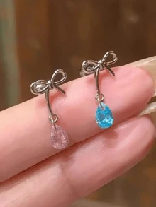 1 pieza Pendientes de botón con corazón y lazo para mujeres, adecuados para fiestas, reuniones, cumpleaños y uso diario - Plateado - Ver 6