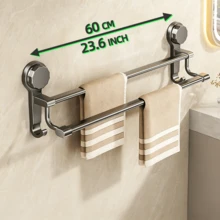 1pc Upgraded Strong Suction Cup Double Bar Towel Rack, Drill-Free Wall Mounted Bathroom Kitchen Hanger, Space-Saving Solution, Kitchen Organization, Dual Bar Design, Minimalist Rack, Rust-Resistant Material, Towel Rack, No-Drill Bracket, Busy Households - Multicolor - View 10