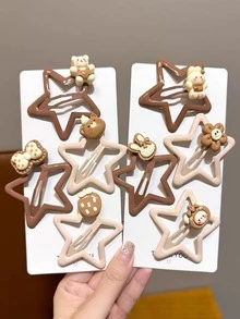4件套多巴胺星星、棕熊、卡通BB夹、五角星发夹套装 - 彩色 - 查看 4