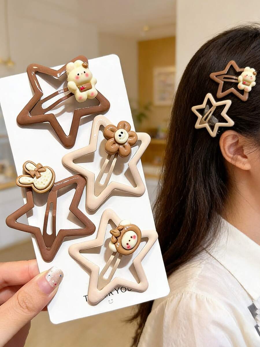 4件套多巴胺星星、棕熊、卡通BB夹、五角星发夹套装 - 彩色 - 查看 1