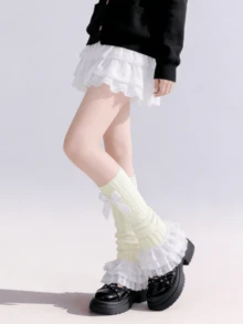 1 Pair Black/White Sweet Bowknot Lace Ruffle Lolita Leg Warmers, Spring/Summer New Arrival - Multicolor - View 4