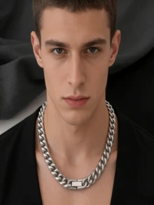 Collar de eslabón cubano de acero de titanio, collar versátil tipo gargantilla para hombres - Plateado - Ver 2