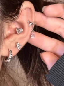 1 pieza Pendientes de botón con corazón y lazo para mujeres, adecuados para fiestas, reuniones, cumpleaños y uso diario - Plateado - Ver 5