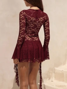 Women Summer Fall Gothic Lace Dark Romance Black Lace Dress, Deep V Plunge Neck, Flared Sleeves, Asymmetric Ruffle Hem, Party Night Outfits - 酒紅色 - 查看 5