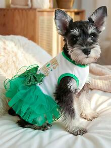 PETCIRCLE 1件宠物服装，狗/猫连衣裙，春夏新款薄纱裙，幸运仙女薄纱裙，轻盈薄纱裙 - 綠色 - 查看 4