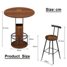 3-Piece Bar Table And Stool Set, 31.5-Inch Round Table With Two Stools, Wooden Dining Table With Ring-Shaped Metal Footrest. Suitable For Dining Rooms, Cafes, Bars, Living Rooms, Etc. - Walnut - View 7