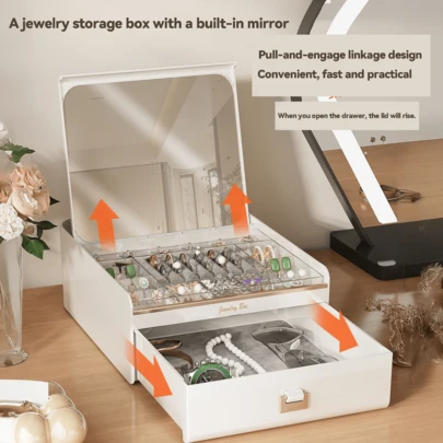 Large Capacity Jewelry Box With Mirror, Automatically Opens When Pulled, Dual-Layer Storage Design Suitable For Storing High-End Earrings, Jewelry, Rings And Necklaces