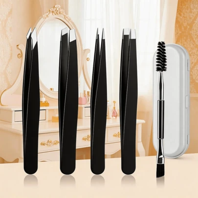 眉毛修型镊子套装，5件套不锈钢专业哑光黑斜口和尖头镊子，带螺旋刷，白色收纳盒，面部脱毛美容工具，女性日常化妆
