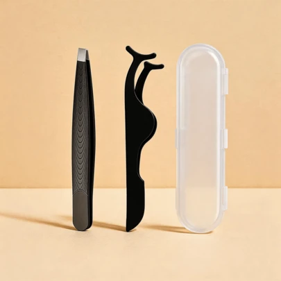 Eyebrow Shaping & Lash Applying Tweezer Set, 2Pcs Kit Stainless Steel Professional Wavy Textured Matte Black Slant Tip And Curved Head With Clear Storage Box Eye Makeup Beauty Tools For Women Beginners Travel