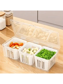 一套带盖食品储物盒 - 3 个可重复使用的透明方形滤网，适用于冰箱存放沙拉、水果和蔬菜，带可拆卸隔板 - 彩色 - 查看 5