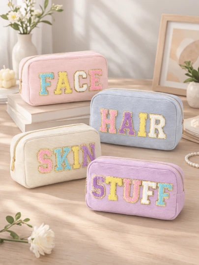 1pc Plush Letter Makeup Organizer Bag, Large Capacity Portable Cosmetic Storage Bag, Multifunctional Travel Toiletry Bag For Kids, Corduroy Makeup Pouch Suitable For School, Dorm, Bathroom, Vacation