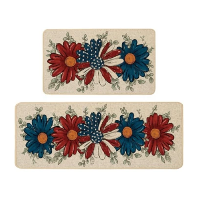 1/2/3pcs-Floor Mats Set, Rectangular Rounded Corner , Patriotic Floral Daisy Pattern, Oatmeal Woven Textured Base With US Flag Motif Flower, Red And Teal Daisy Accents And Eucalyptus Greenery Decor-Flannel Material, Soft, Comfortable And Easy To Clean, Suitable For Bathroom, Bedroom, Kitchen, Porch, Laundry Room, Daily Decor, Three Sizes Available