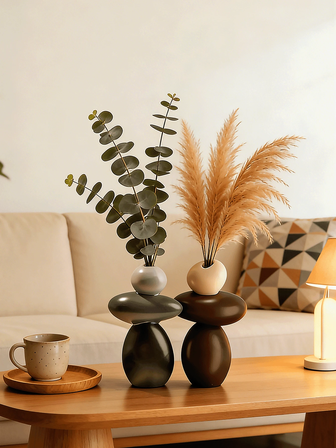 一套树脂石花瓶，花瓶不可盛水，仅用于装饰性人造花、幸运石，适用于客厅、餐厅、电视柜桌面装饰，乔迁礼物，无需电源，家居装饰，圣诞节装饰，情人节房间装饰