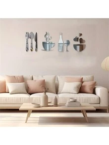 14pcs/Set Modern 3D Acrylic Mirror Wall Stickers: Forks, Spoons, Bowls, Tea Cups, Bottles, Wine Glasses - DIY Detachable Mural Stickers Suitable For Kitchen, Living Room, And Dining Room Decoration - 14-piece Dining Table Set - View 4