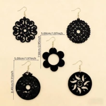 5 Pairs Wooden Carved Earrings, Vintage Artistic Style Round Ear Studs, Suitable For Parties And Vacations - Black - View 3