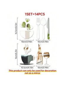 14pcs/Set Modern 3D Acrylic Mirror Wall Stickers: Forks, Spoons, Bowls, Tea Cups, Bottles, Wine Glasses - DIY Detachable Mural Stickers Suitable For Kitchen, Living Room, And Dining Room Decoration - 14-piece Dining Table Set - View 2