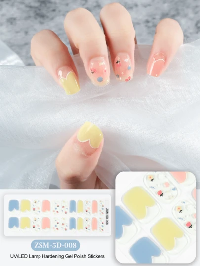 New Product 5D 22-Finger Glue-Free Cured Gel Nail Art Stickers Featuring Bowknot And Heart Relief Designs. UV Nail Stickers Without Light Exposure.