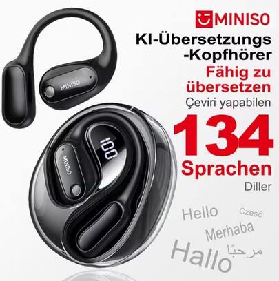 Miniso Auriculares traductores de IA  MS190, compatibles con 135 idiomas, traducción en tiempo real cara a cara, tecnología inalámbrica, diseño deportivo de oreja abierta, larga duración de la batería, auriculares de viaje, auriculares de moda, buena cancelación de ruido, auriculares inalámbricos, adecuados para estudiantes de idiomas, negocios y aprendizaje al aire libre, regalo de Navidad, regalo del Día de San Valentín