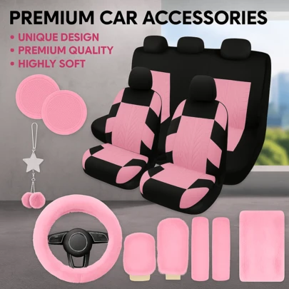 18件套独特粉色蝴蝶汽车座椅套装，方向盘套装，通用型，毛绒悬挂套装 - 毛绒舒适，安装简便 - 非常适合女性驾驶的车辆