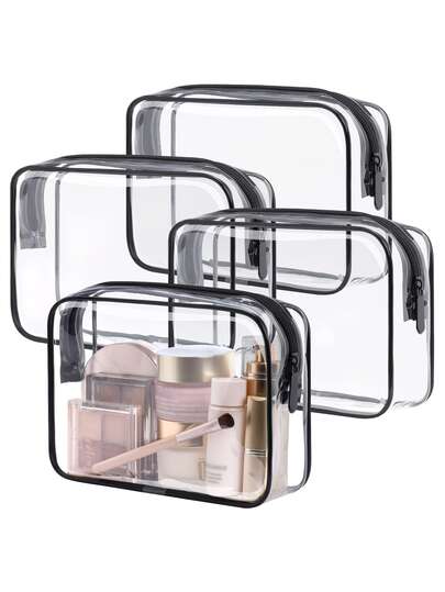 透明PVC旅行收纳套装，包含拉链化妆包和洗漱包，可堆叠收纳盒，黑色包边 - 耐用、高品质、多功能收纳，男女皆宜，是旅行、度假和日常使用的理想之选，女士旅行洗漱包
